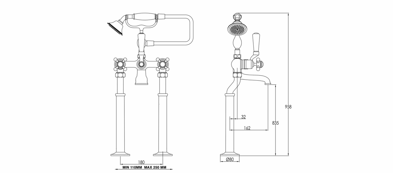 JTP Grosvenor Cross Grosvenor Freestanding Bath Shower Mixer Tap With Kit