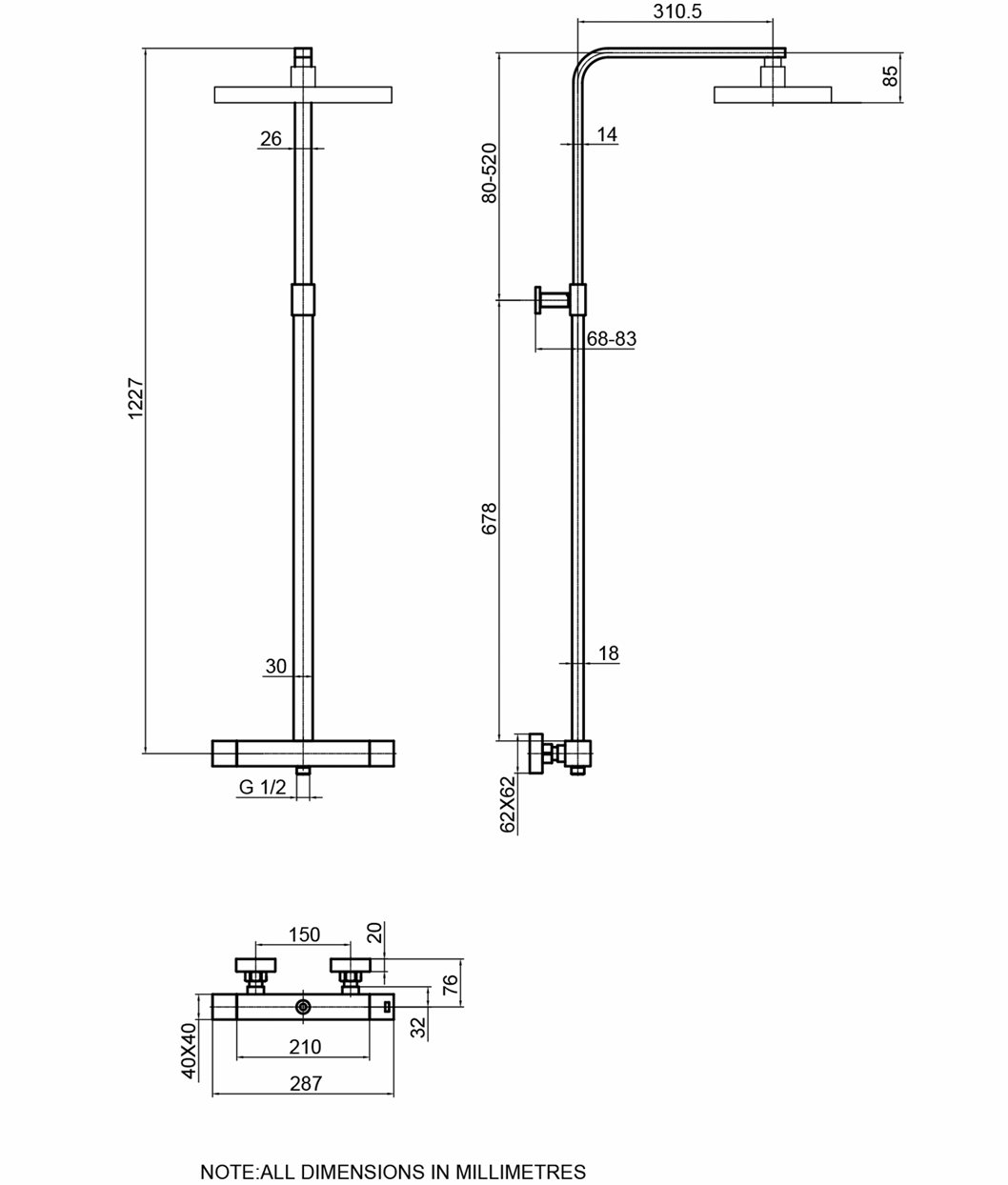 JTP HIX Thermostatic Bar Valve with 2 Outlets, and Multifunction Shower Handle