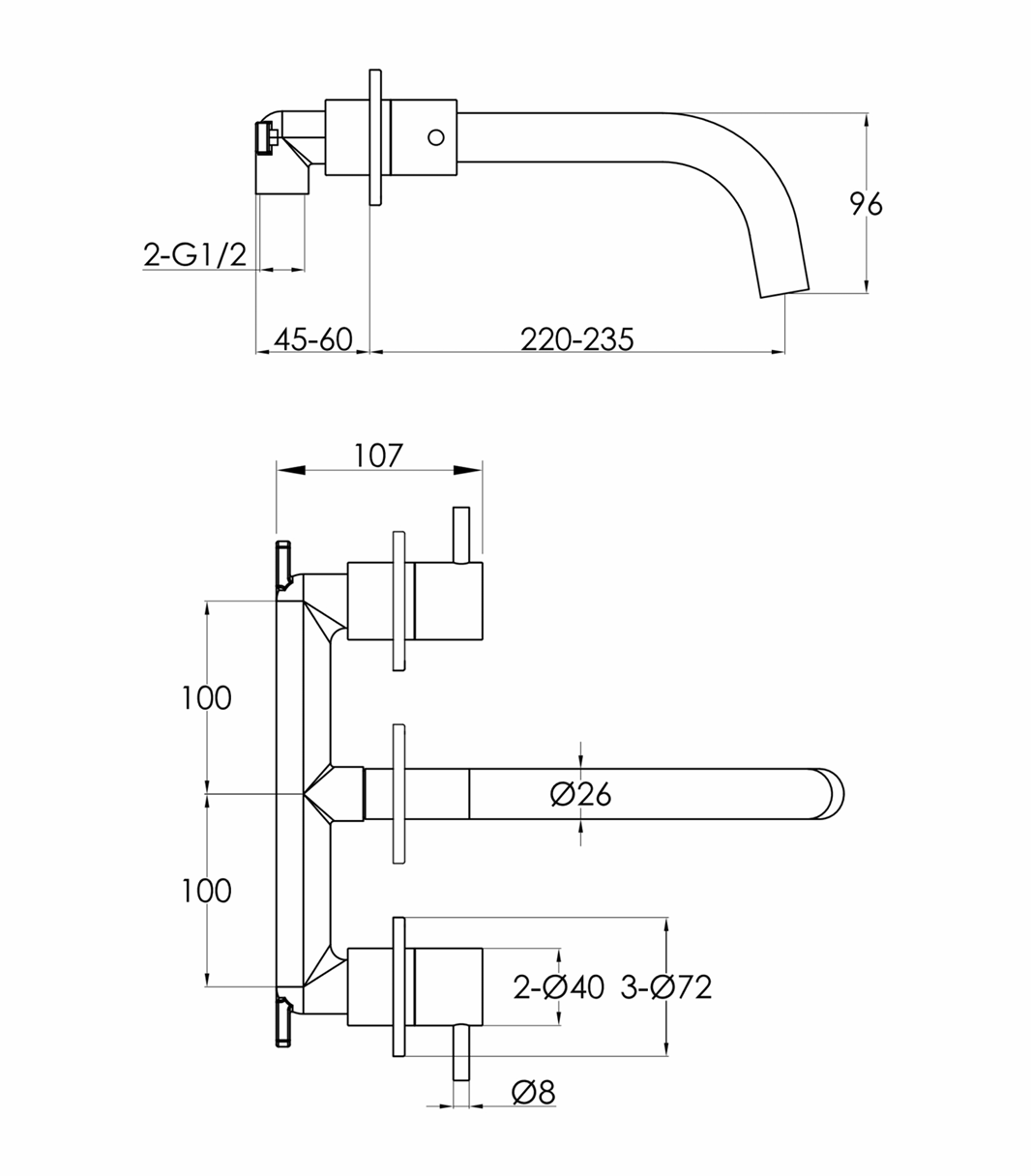 JTP 3 Hole Wall Mounted Bath/Basin Filler Set