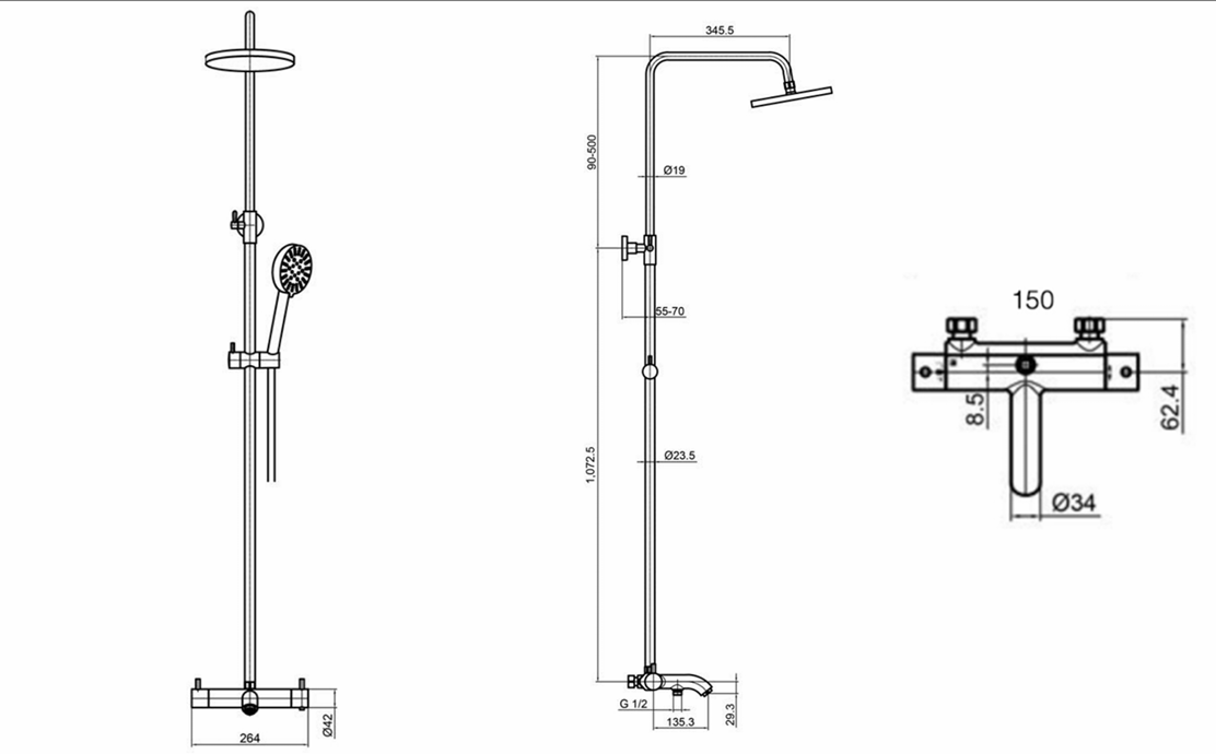 JTP VOS Thermostatic Bar Valve with 3 Outlets, Adjustable Riser & Multifunction Shower Handle
