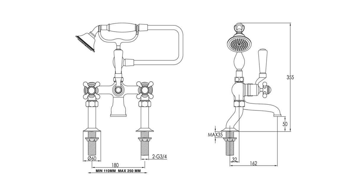 JTP Grosvenor Cross Bath Shower Mixer Tap Wall Mounted with Handheld Shower Kit