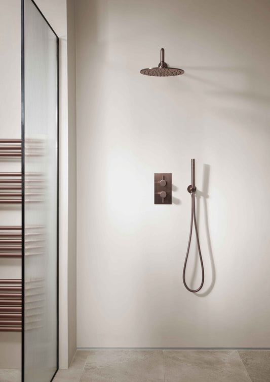JTP VOS 2 outlet concealed shower valve with brushed bronze finish, 400mm arm, overhead shower, and round water outlet.