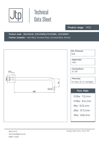 JTP VOS Shower Arm, 400mm dimensions