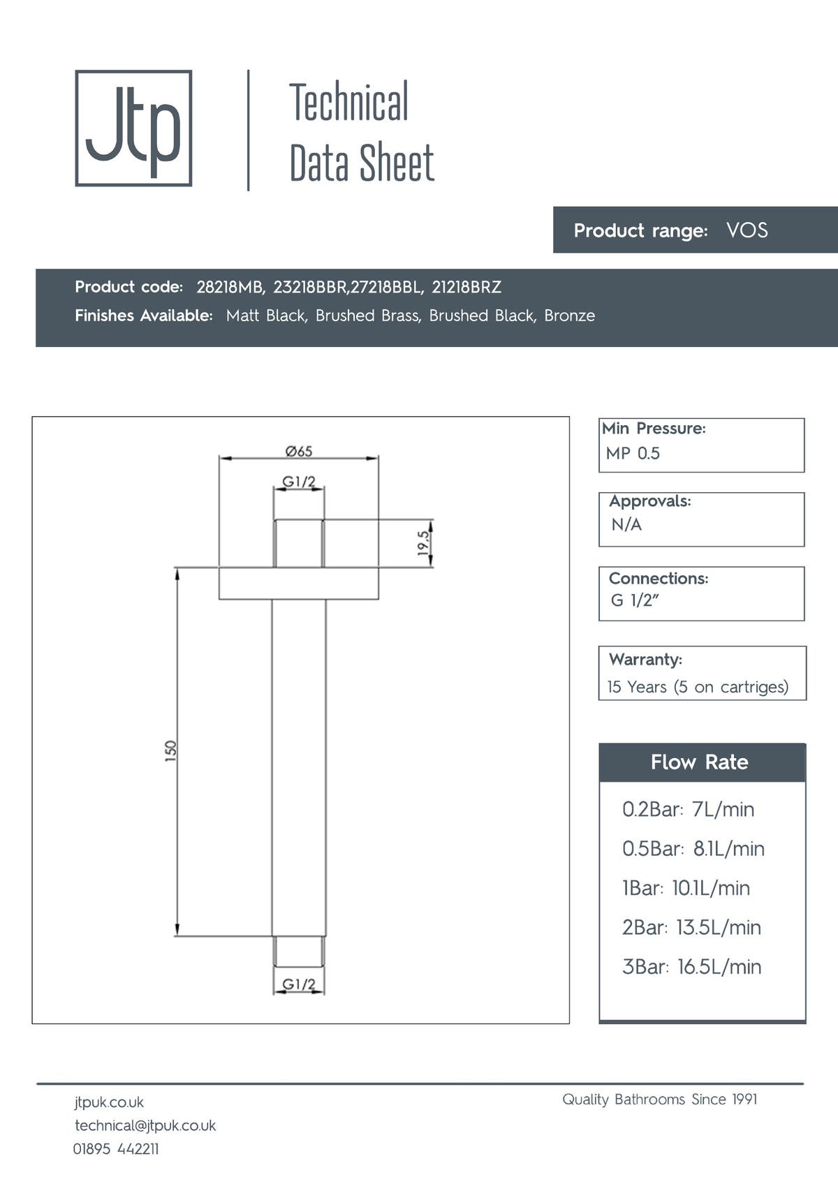 JTP VOS Ceiling Arm dimensions