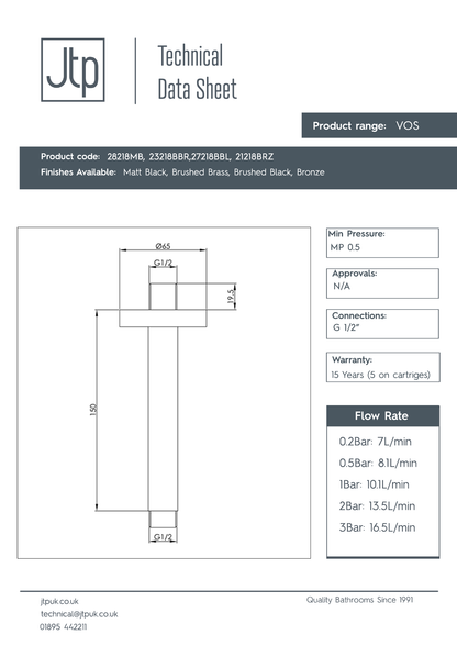 JTP VOS Ceiling Arm dimensions