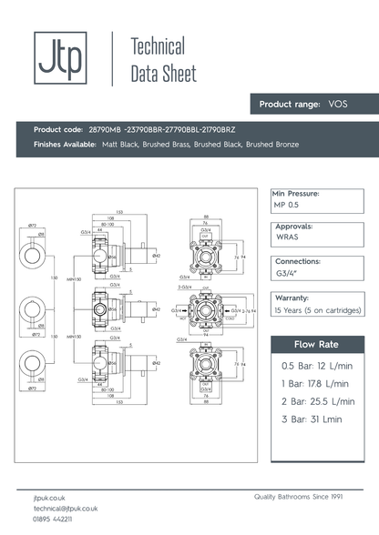 JTP VOS Modular Thermostatic Concealed 2 Outlet Shower Valve dimensions