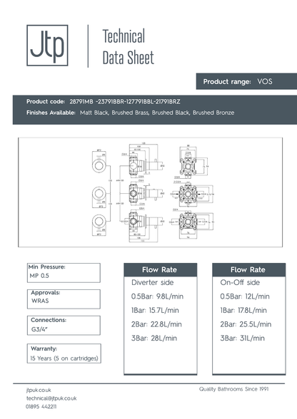 JTP VOS Modular Thermostatic Concealed 3 Outlet Shower Valve dimensions