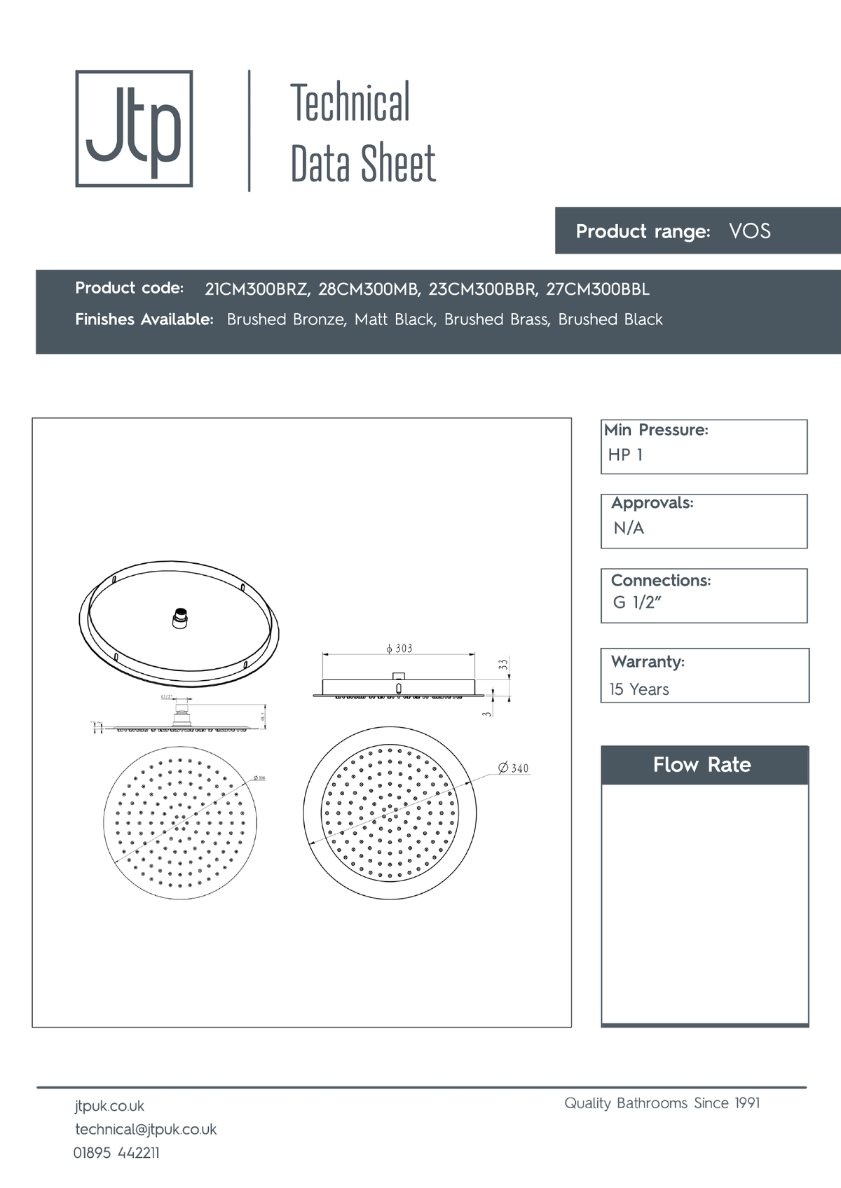 JTP Ceiling mounted overhead shower dimensions