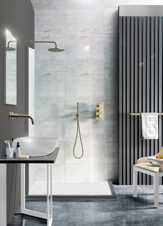 JTP VOS 2 outlet concealed shower valve with 3 controls, 400mm arm, overhead shower, and round water outlet in a bathroom setting