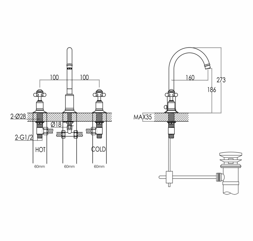 JTP Grosvenor Cross Grosvenor cross 3-hole Basin Mixer Tap, with pop-up waste with swivel spout