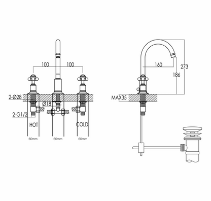 JTP Grosvenor Cross Grosvenor cross 3-hole Basin Mixer Tap, with pop-up waste with swivel spout