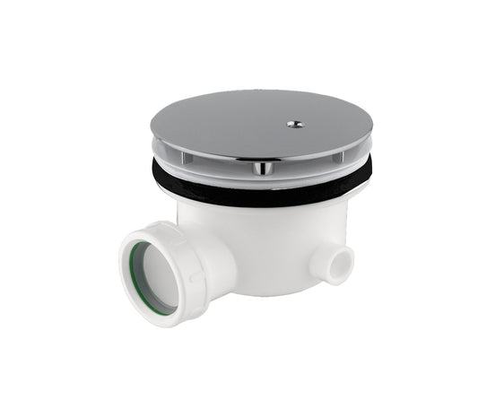 JTP Shower Waste accessory showing a stainless steel drain cover with plumbing connection for bathroom shower drainage.