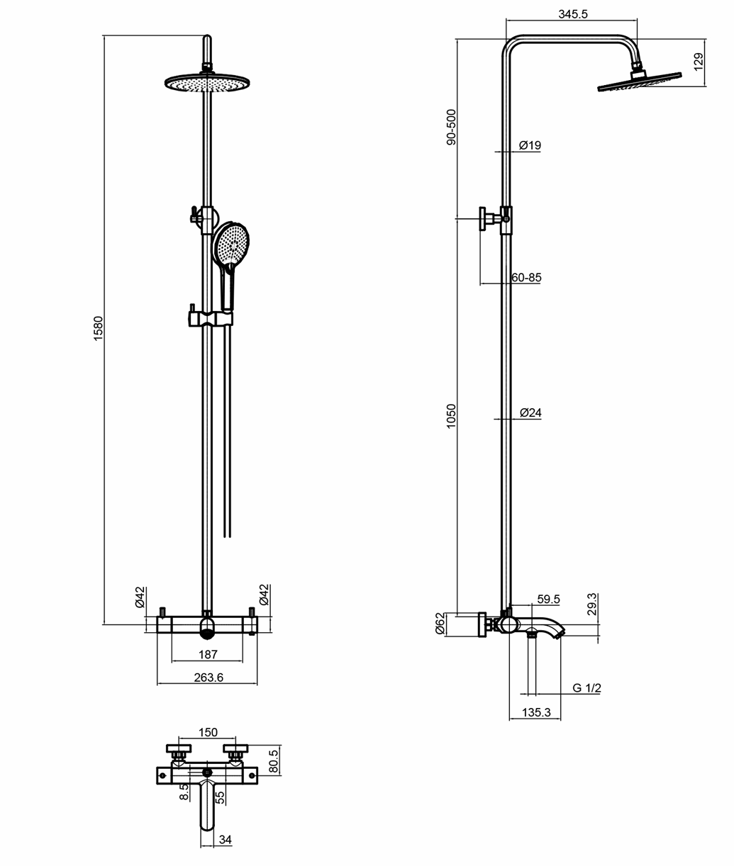 JTP Florence Thermostatic Shower Pole, Adjustable with Overhead Shower, Hand Shower and Bath Spout
