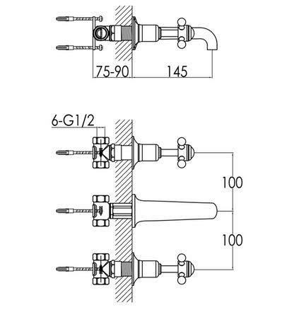JTP Grosvenor Cross Wall Mounted 3 Hole Basin Mixer Tap
