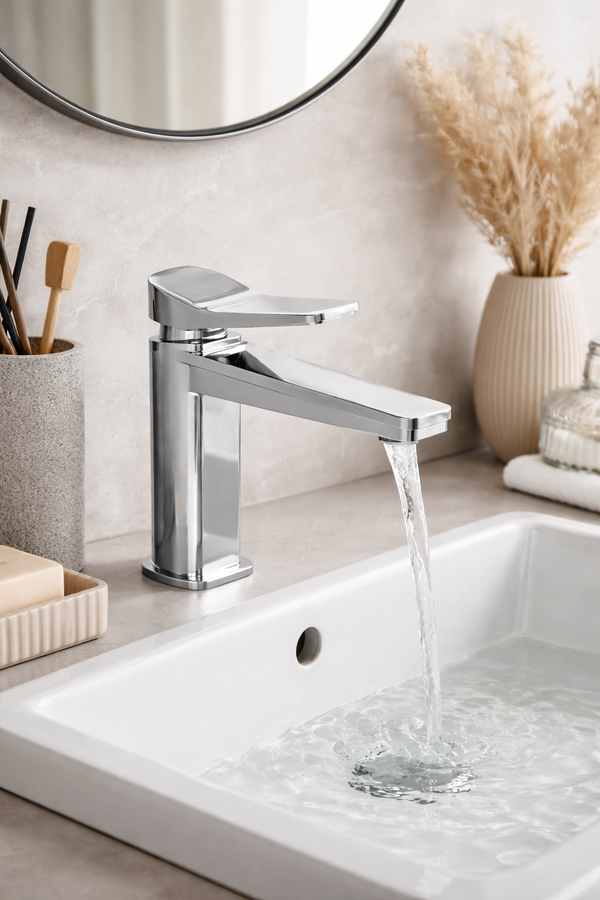 JTP HIX single lever basin mixer tap with modern chrome finish and sleek design, mounted on a bathroom sink.