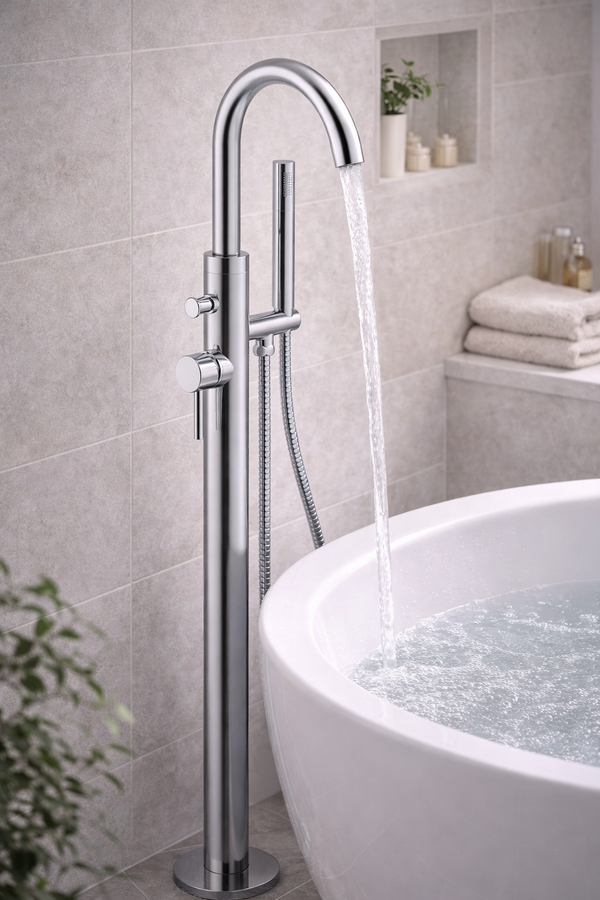 JTP Florence floor standing bath shower mixer tap with single lever control, shown in a modern bathroom setting.