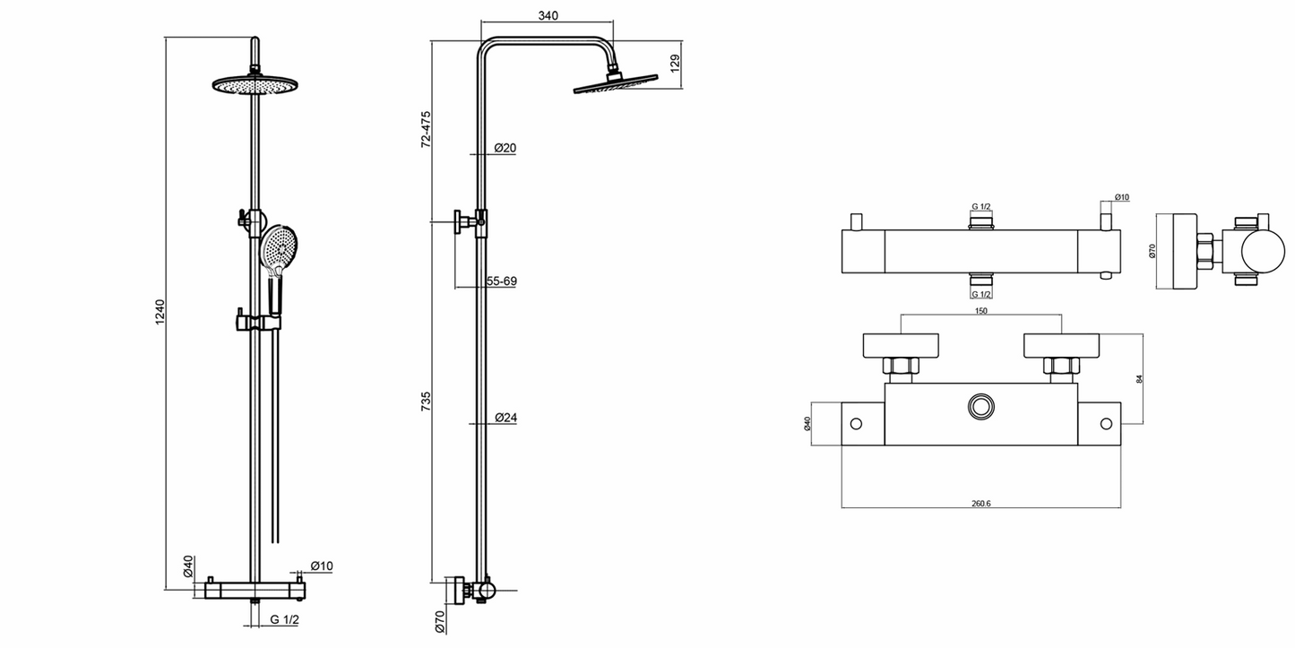 JTP Florence Round Thermostatic Bar – 2 Outlets