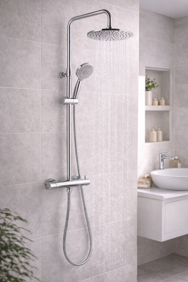 JTP Florence round thermostatic bar with two outlets, shown in a modern bathroom setting, highlighting its sleek accessories design.