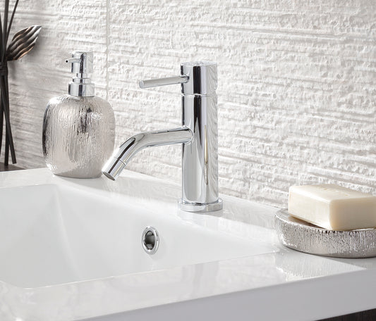 JTP Florence round single lever basin mixer tap with modern design, installed on a bathroom sink for easy water control.