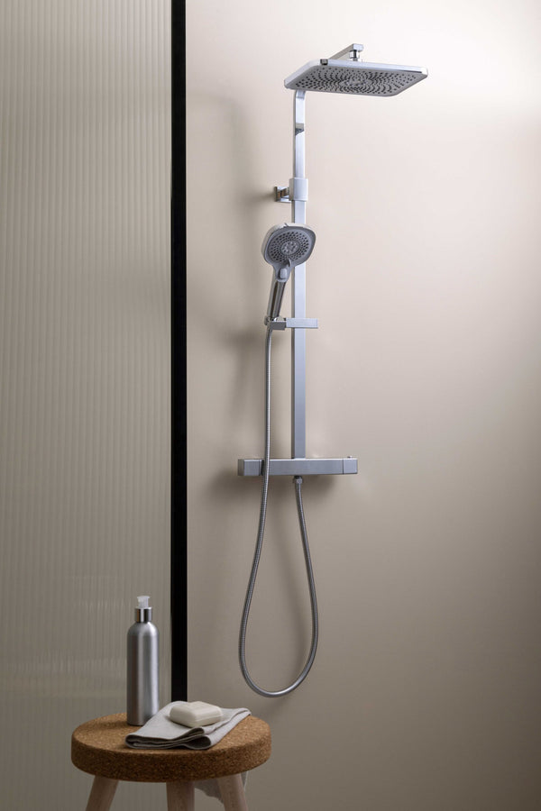JTP HIX thermostatic bar valve with two outlets and multifunction shower handle in chrome finish, designed for shower installation.