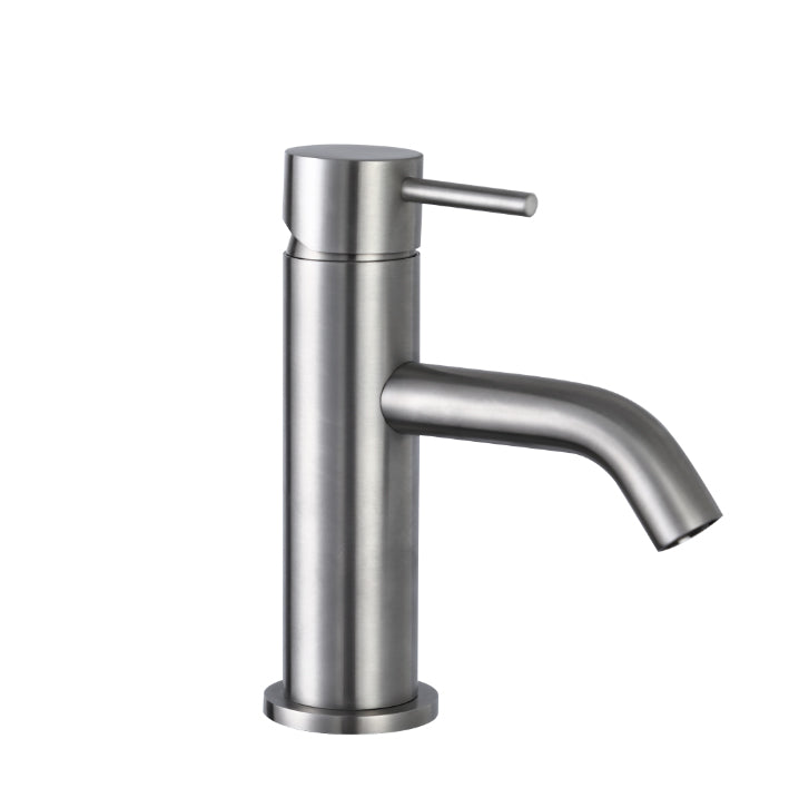 JTP Inox single lever mini basin mixer tap showing sleek stainless steel design with smooth handle and compact spout.