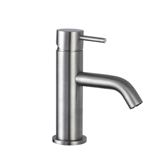 JTP Inox single lever mini basin mixer tap showing sleek stainless steel design with smooth handle and compact spout.