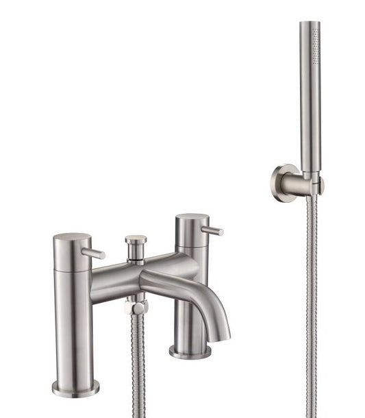 JTP bath and handheld shower mixer tap with kit, featuring modern design and chrome finish, mounted on a bathroom wall.