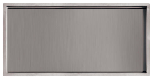 JTP VOS shower niche 600x300mm installed in a bathroom wall, featuring sleek design and waterproof construction for bathroom storage.