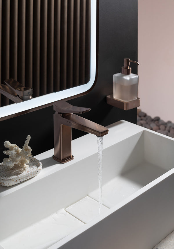 JTP HIX single lever basin mixer tap with bronze finish, shown mounted on a bathroom sink