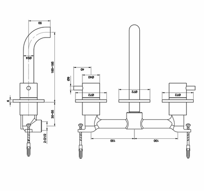 JTP Florence 3 Hole Wall Mounted Basin Mixer Tap
