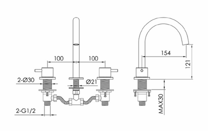 JTP Inox 3 Hole Deck Mounted Basin Mixer Tap with chrome finish, featuring handles and spout for bathroom sink use