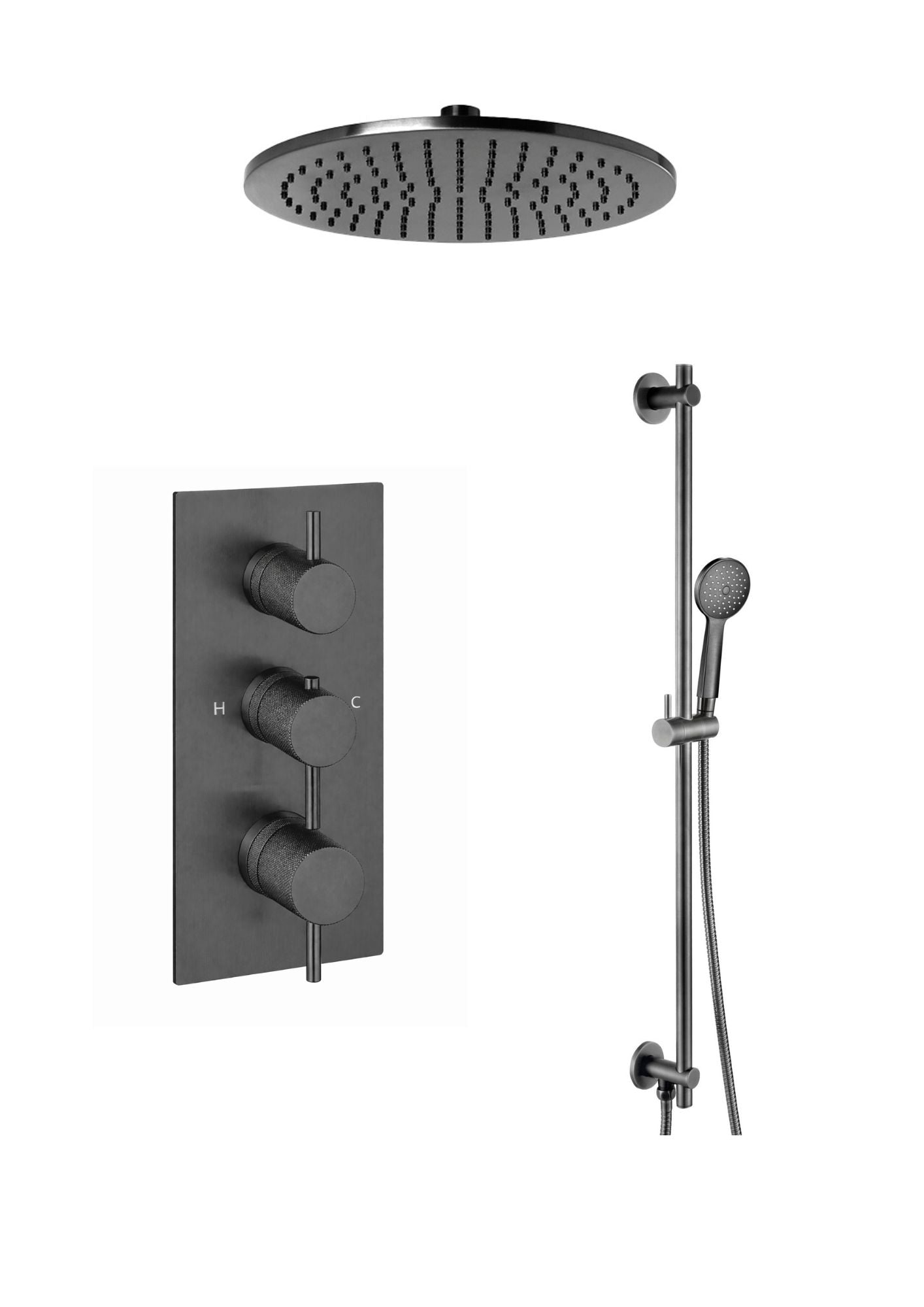 JTP VOS Thermostatic Concealed 2 Outlet Shower Valve with Slide Rail Kit, Round Handle, Designer Handle & Diverter Set