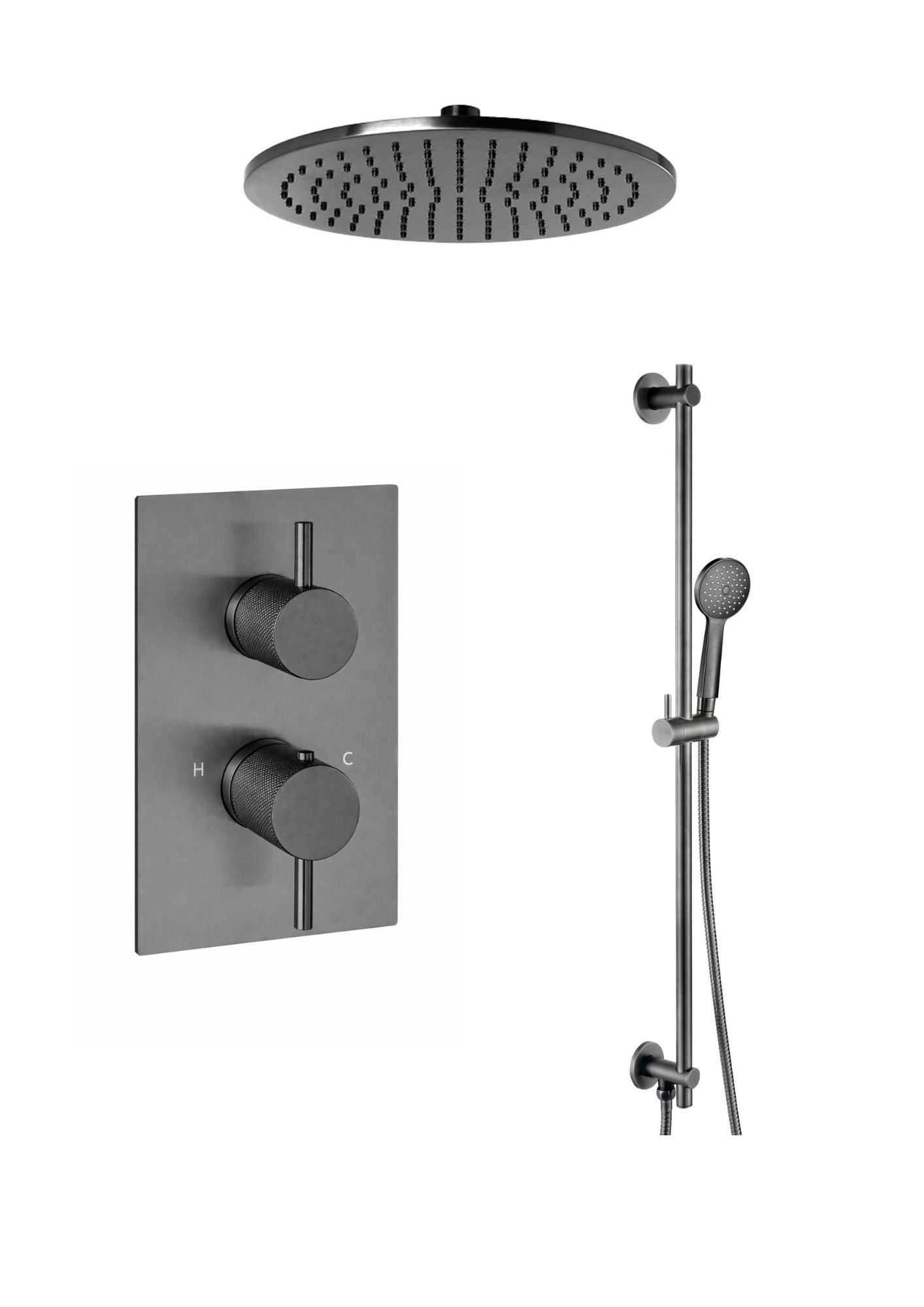 JTP VOS Thermostatic Concealed 2 Outlet Shower Valve with Slide Rail Kit, Round Handle & Designer Handle