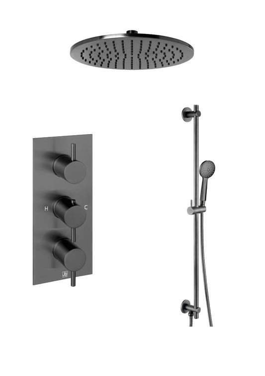JTP VOS Thermostatic Concealed 2 Outlet Shower Valve with Slide Rail Kit, Round Handle & Diverter Set