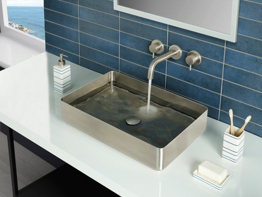 JTP stainless steel wall-mounted bath and basin filler set with three-hole design, sleek rectangular spout for modern bathrooms.