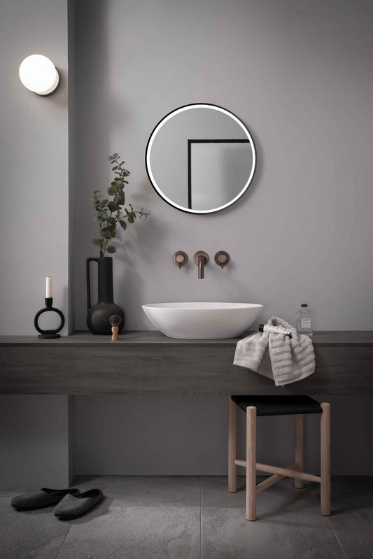JTP VOS brushed bronze wall-mounted bath and basin filler with designer handle and three-hole installation.