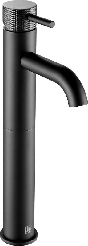 Black bathroom faucet on a white background