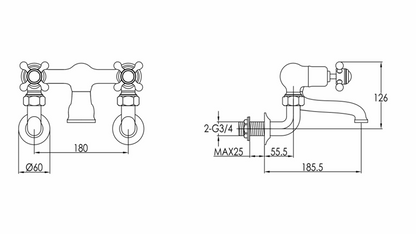 JTP Grosvenor Cross Bath Filler Tap Wall Mounted