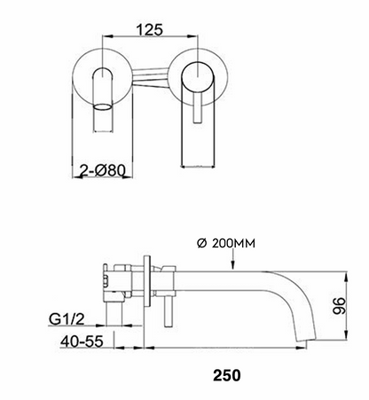Technical drawing of a faucet with dimensions labeled