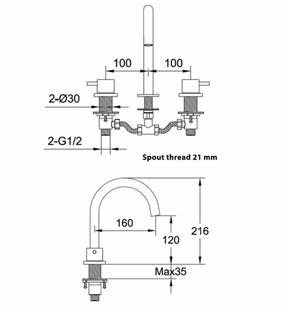 JTP VOS 3 Hole Deck Mounted Basin Mixer Tap