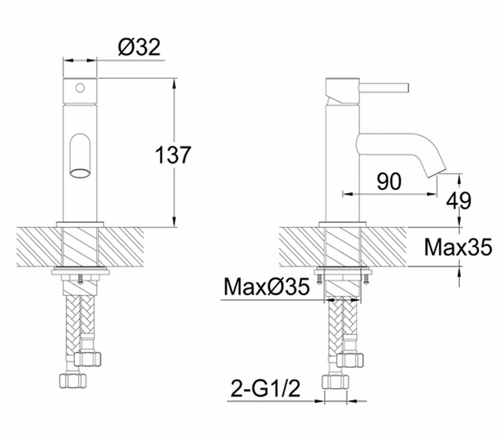Technical drawing of a plumbing fixture with dimensions labeled