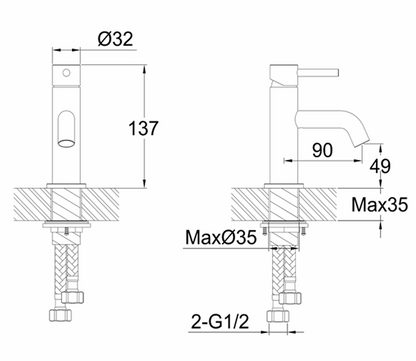 Technical drawing of a plumbing fixture with dimensions labeled