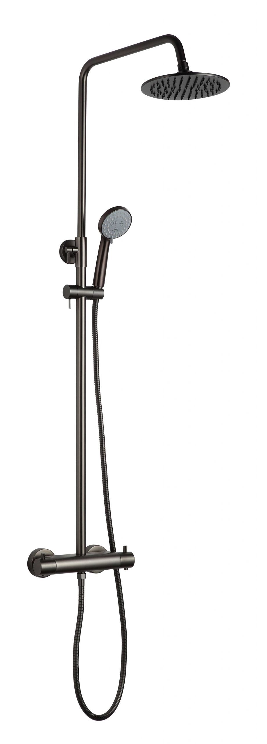 JTP VOS thermostatic bar valve with two outlets and adjustable riser for exposed shower installation, brushed black finish.
