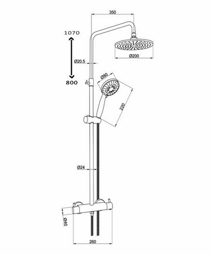 JTP VOS Thermostatic Bar Valve with 2 Outlets & Adjustable Riser