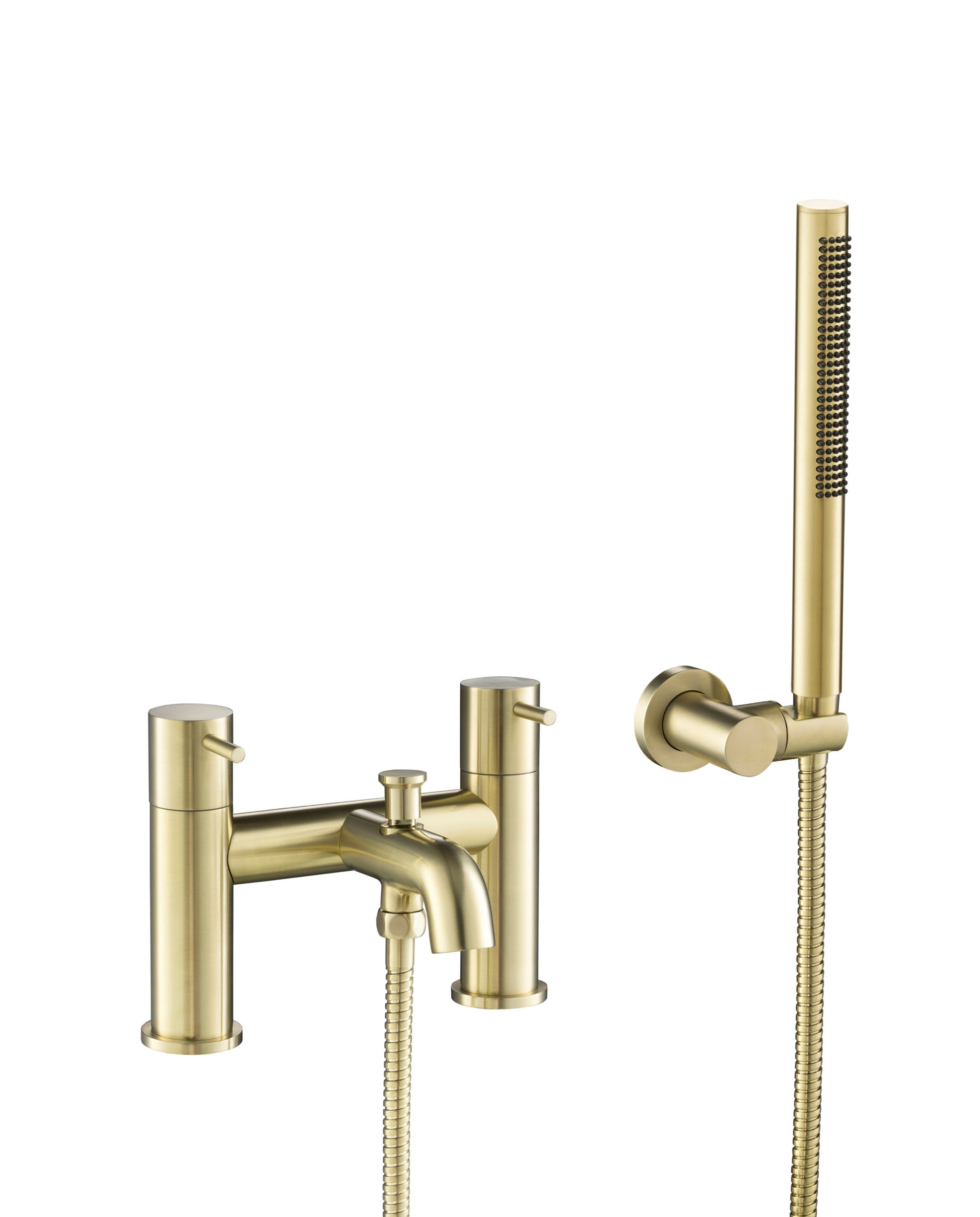 JTP brushed brass bath and handheld shower mixer tap with kit, featuring modern design and multiple control handles.