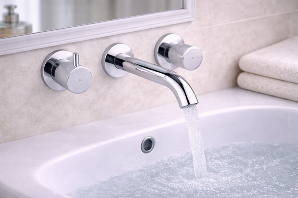 JTP Florence wall-mounted chrome basin mixer tap with three-hole design, shown installed in a modern bathroom setting.